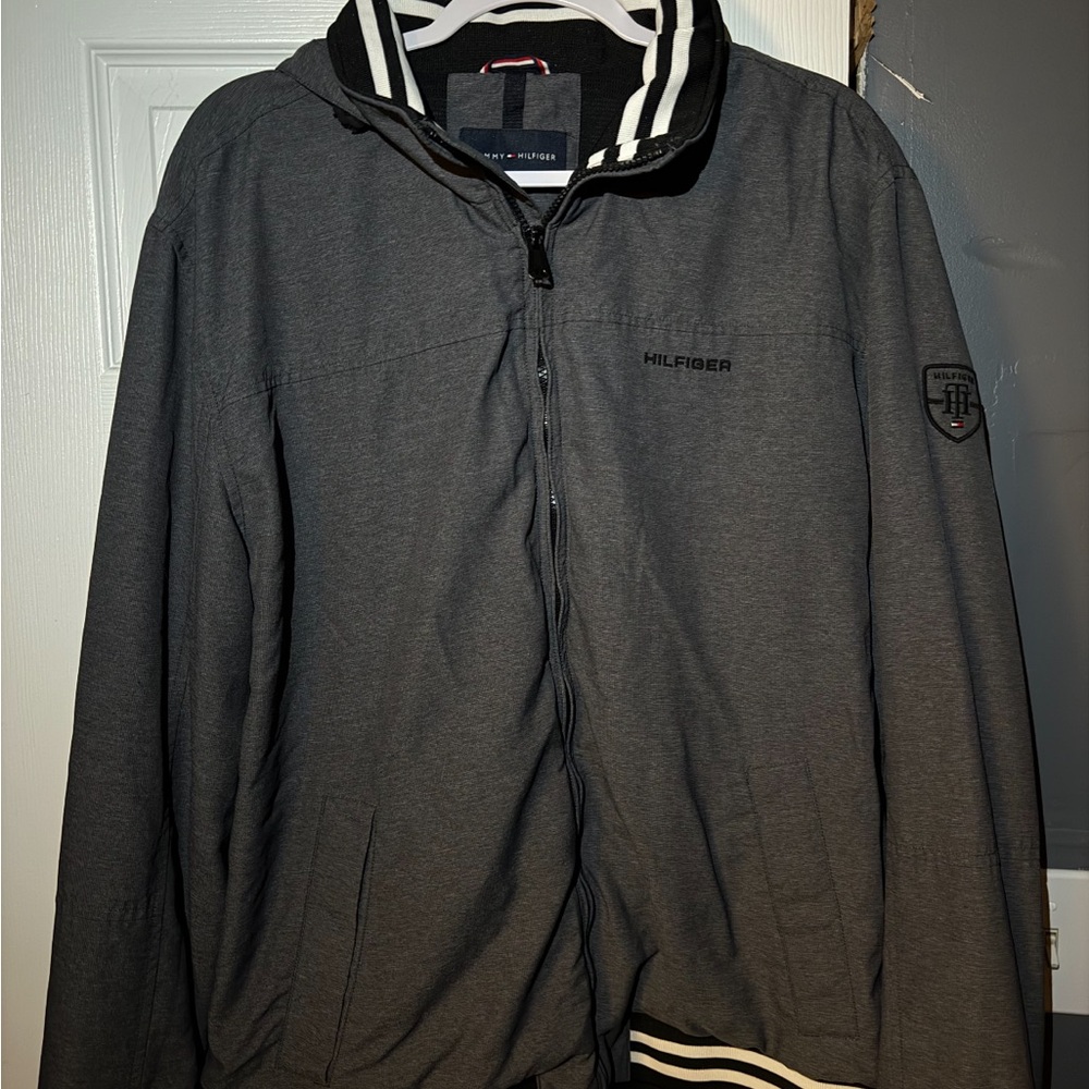 Tommy Hilfiger Men's Charcoal Zip-Up Raincoat with Striped Collar